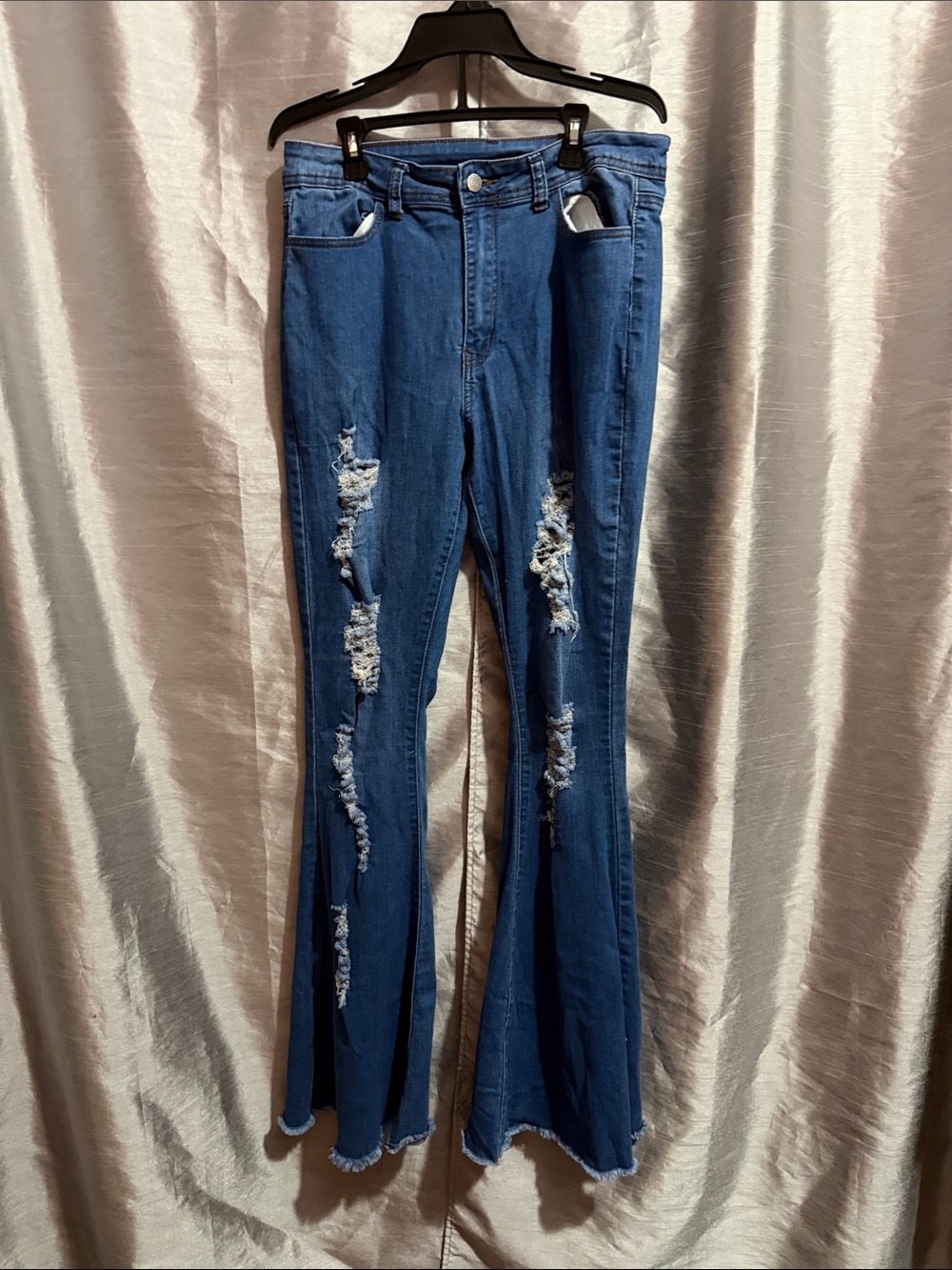 Stretch High-Rise Distressed Flare Jeans — Blue